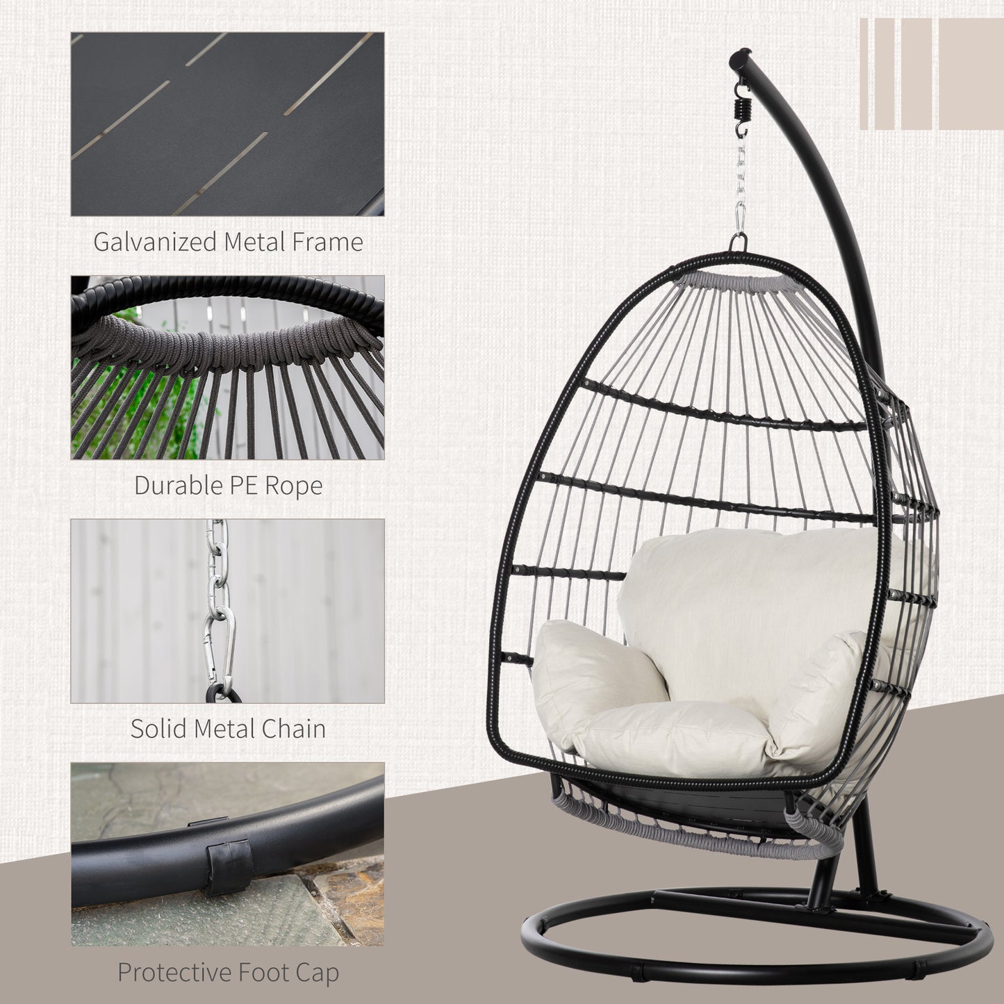 Outsunny Rattan Folding Hanging Egg Chair: Weave Swing Hammock with Cushion and Stand for Indoor or Outdoor in Black