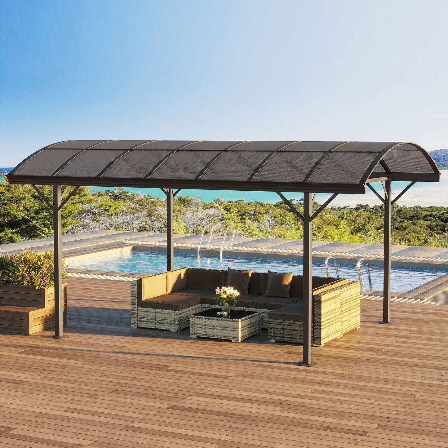 Outsunny 5 x 3m Hardtop Aluminium Pergola with Polycarbonate Roof in Brown