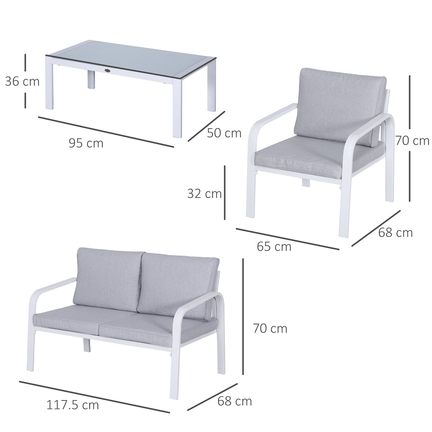 Outsunny 4-Piece Aluminium Frame Garden Dining Set with 2 Chairs, Sofa, Glass Top Table, Foam Cushions - Sleek Contemporary Design, in White/Grey