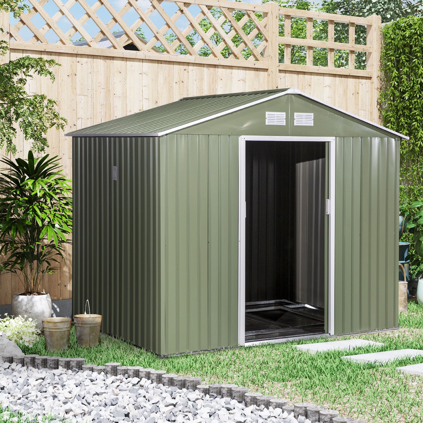 Outsunny 9 x 6FT Metal Garden Storage Shed: Corrugated Steel Roofed with Foundation Ventilation and Doors in Light Green