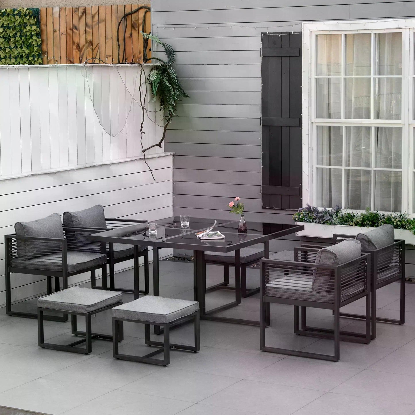 Outsunny 8 Seater Garden Dining Cube Set Aluminium Outdoor Furniture Set Dining Table, 4 Chairs and 4 Footstools with Cushion in Grey