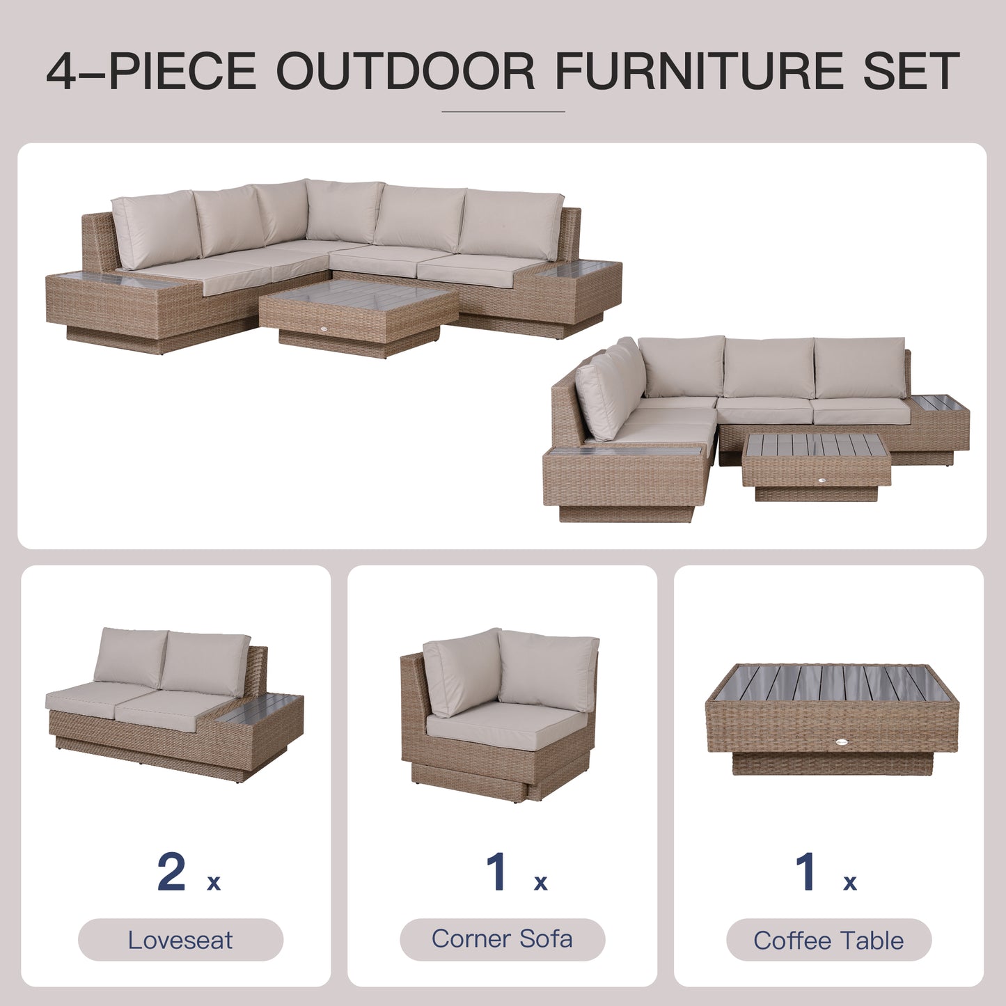 Outsunny 4-Piece Outdoor Rattan Corner Sofa Set: with Coffee Table in Brown and Beige