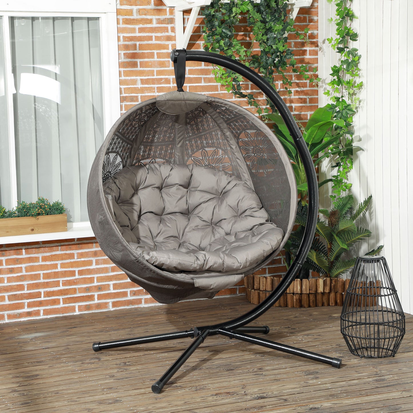 Outsunny Round Egg Basket Hanging Chair with Steel Stand in Black/Brown