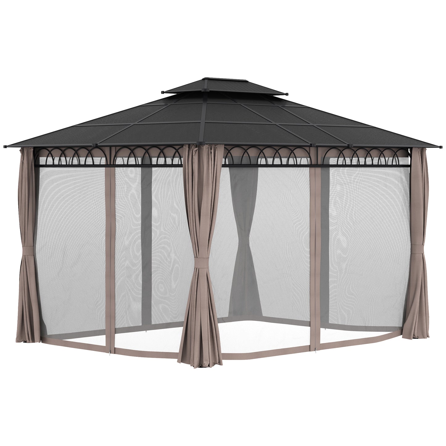 Outsunny 3.6 x 3m Outdoor Polycarbonate Hard Top Gazebo: Double Roof Hard Top with Nettings & Curtains for Garden in Black/Grey