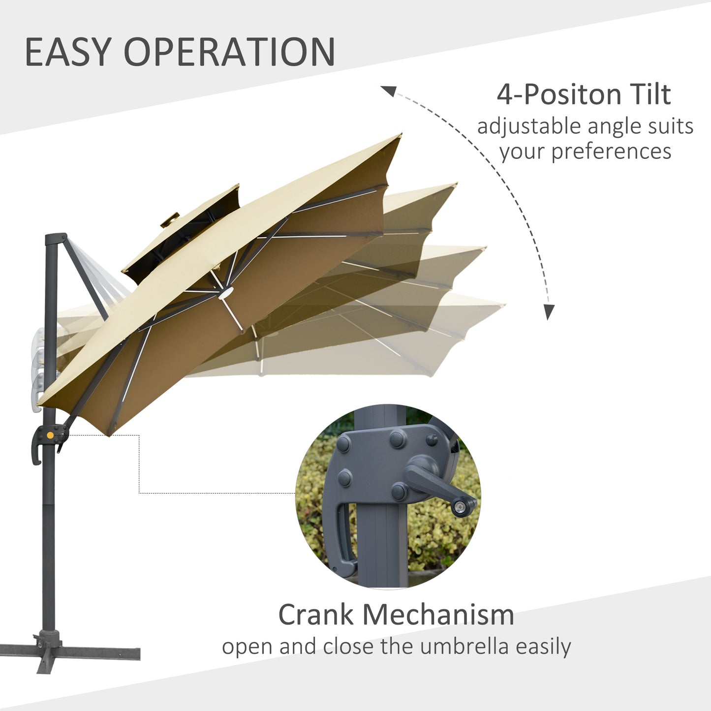 Outsunny 3m Cantilever Parasol: Adjustable Garden Sun Umbrella with Solar LED Lighting, Tilt and Crank Handle and Cross Base for Lawn in Grey/Khaki