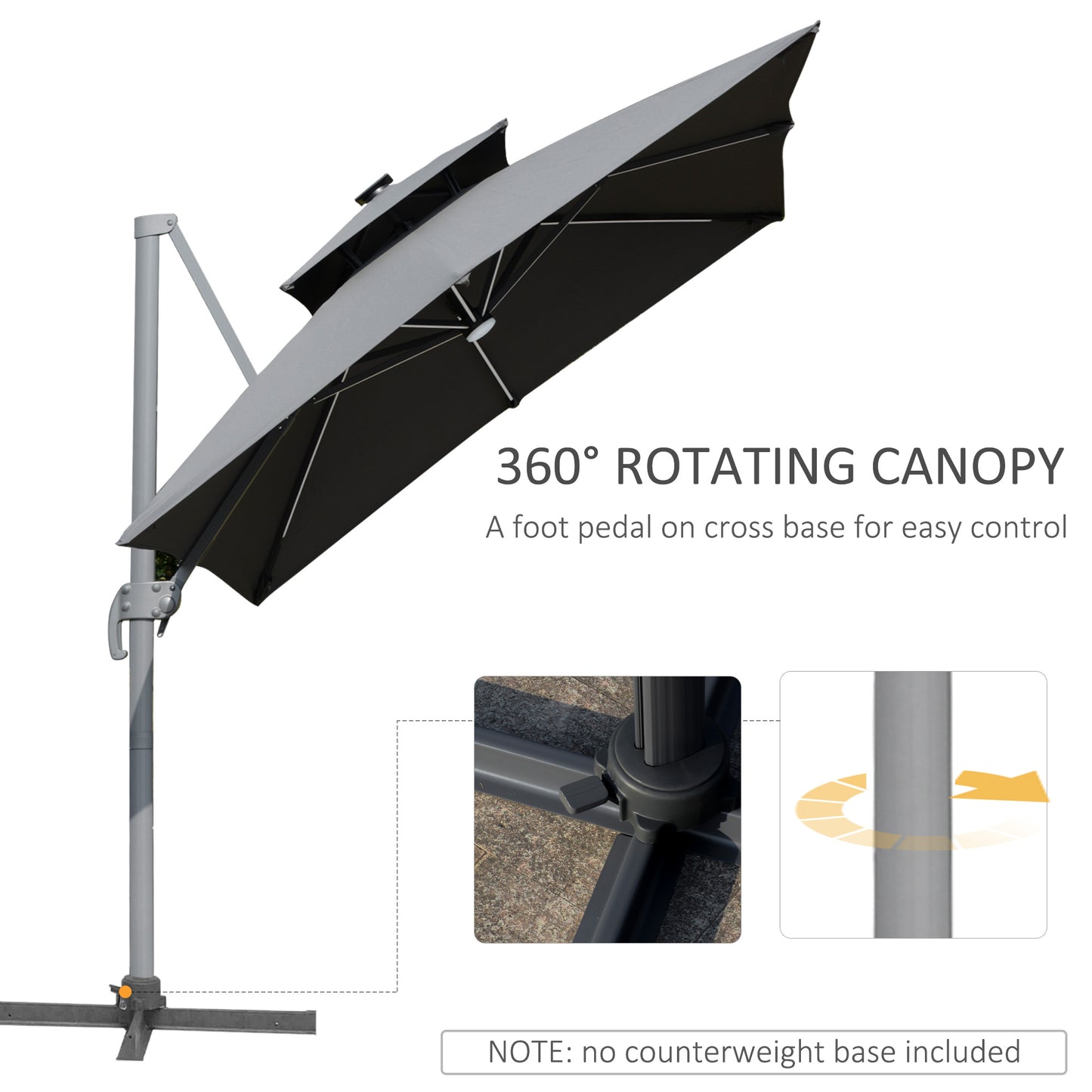 Outsunny 3m Cantilever Parasol with Solar LED Lighting: Tilt and Crank Handle and Cross Base in Grey