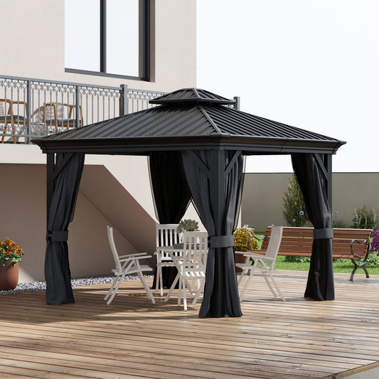 Outsunny 3 x 3.7m Outdoor Hardtop Gazebo With Aluminium Frame and 2 Tier Roof: Mesh Netting Sidewalls in Dark Grey