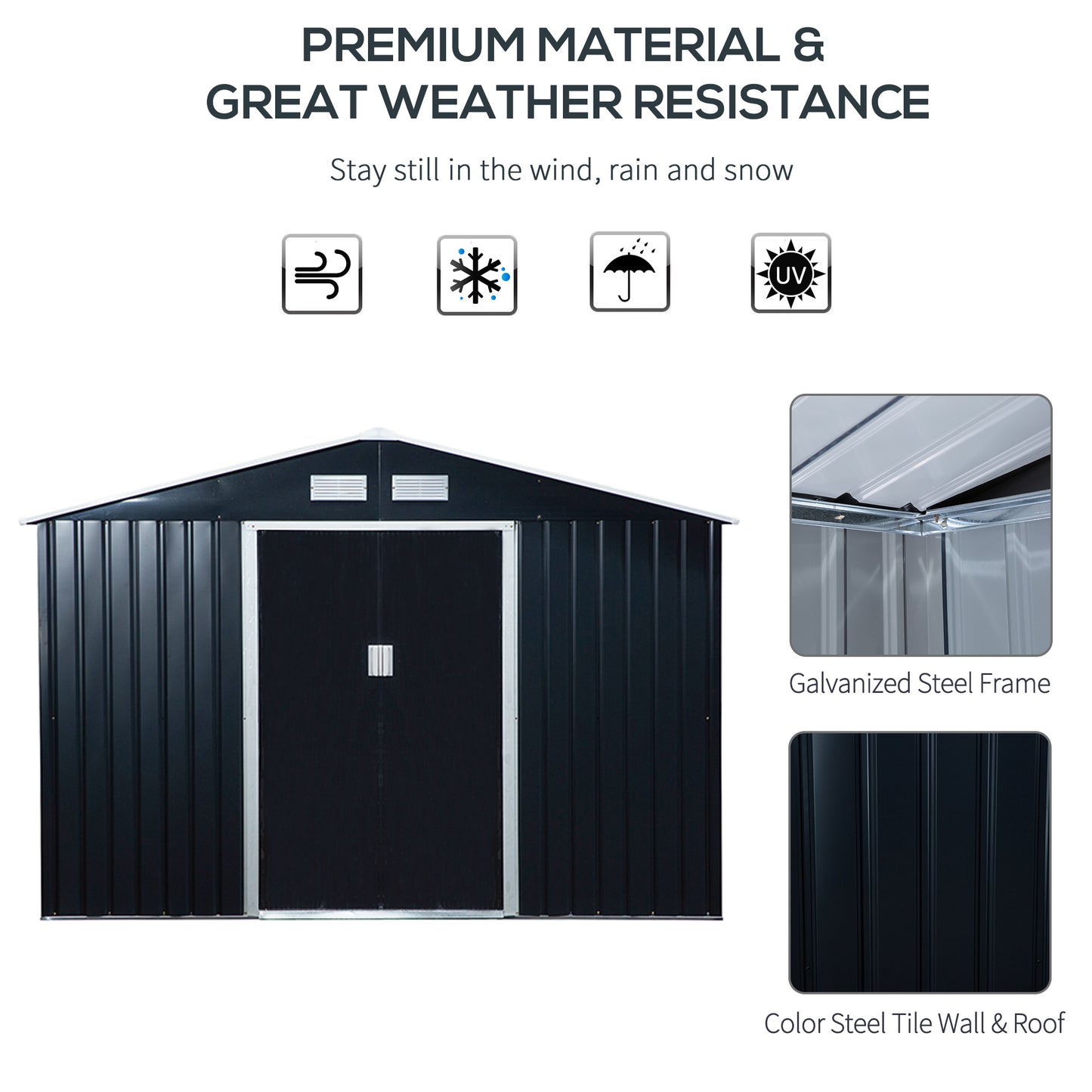 Outsunny 9 x 6FT Garden Roofed Metal Storage Shed with Foundation Ventilation & Doors in Dark Grey