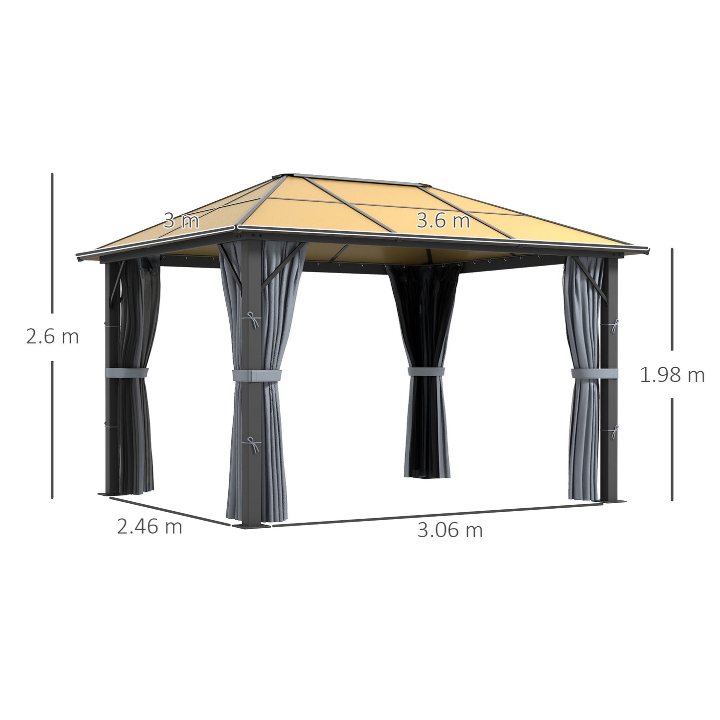 Outsunny 3 x 3.6m Garden Aluminium Gazebo With Hardtop Roof, Mesh Curtains & Side Walls in Grey