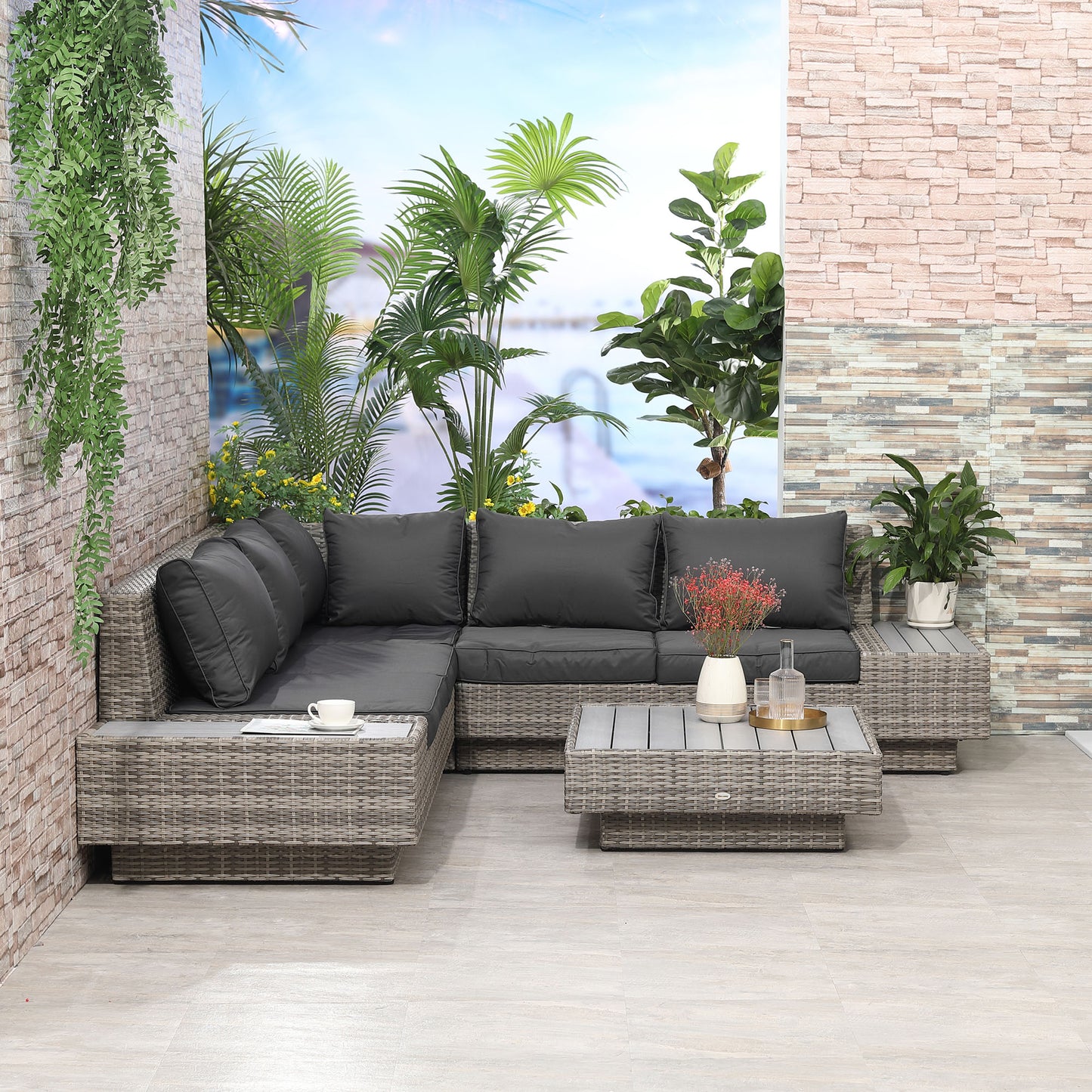 Outsunny 5-Seater Rattan Outdoor Sectional Corner Sofa and Coffee Table Set: Perfect For any Garden in Light Grey