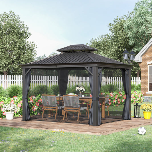 Outsunny 3.7 x 3m Hardtop Aluminum Frame Gazebo with 2-Tier Roof, Mesh Netting & Sidewalls in Grey