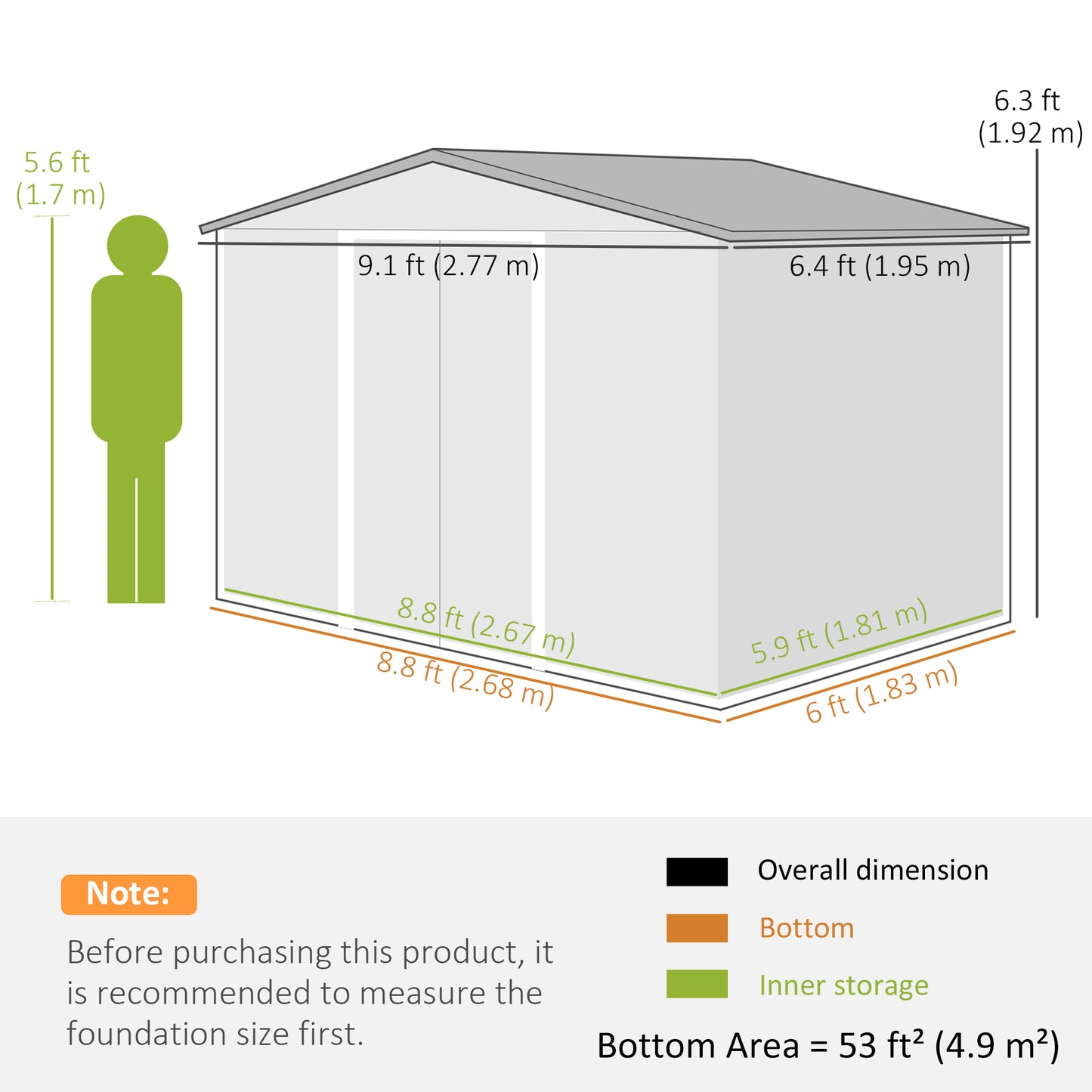 Outsunny 9 x 6 FT Lockable Green Garden Shed: Large Metal Storage Building with Foundation for Outdoor Furniture and More