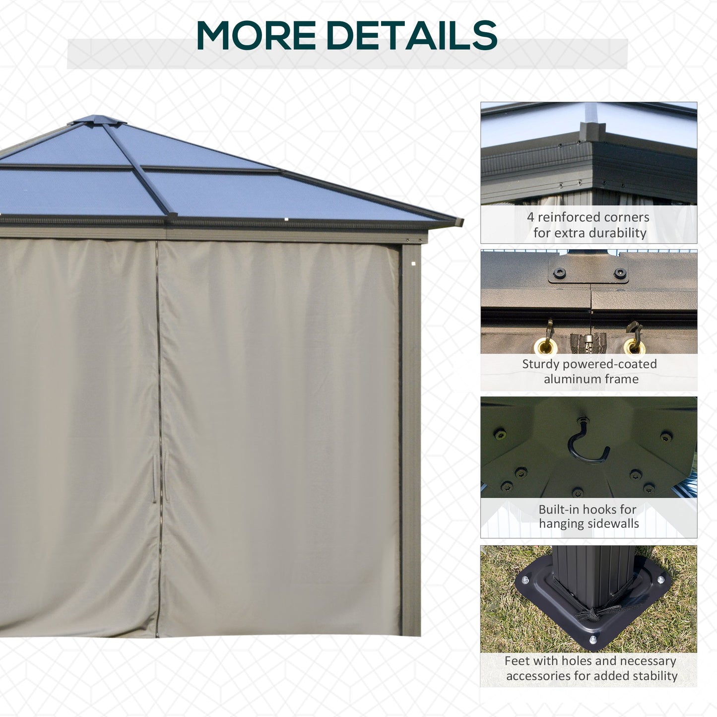 Outsunny 3 x 3m Hardtop Gazebo with UV Resistant Polycarbonate Roof & Aluminium Frame: With Mosquito Netting and Curtains in Black/Grey