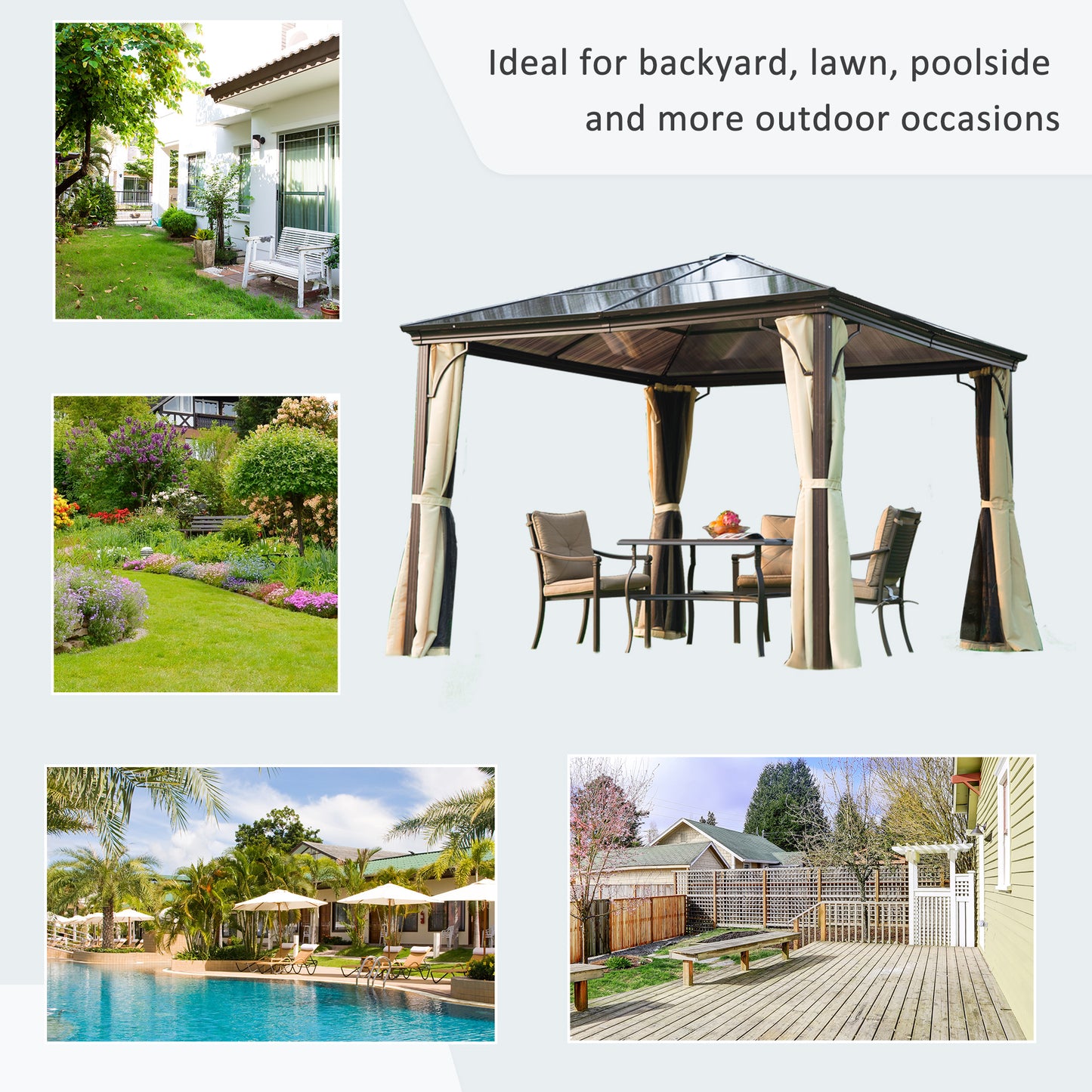 Outsunny 3x3m Hardtop Gazebo Canopy in Brown: Polycarbonate Roof, Aluminium Frame, with Mosquito Netting and Curtains