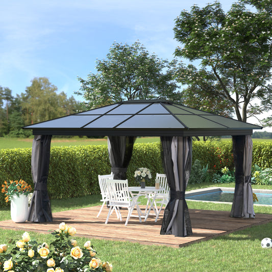 Outsunny 4 x 3.6m Hardtop Aluminium Gazebo with UV Resistant Polycarbonate Roof & Mosquito Netting and Curtains in Black/Grey