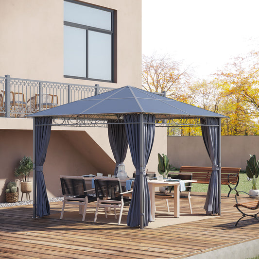 Outsunny 3 x 3m Hardtop Steel & Aluminium Frame Gazebo with UV Resistant Polycarbonate Roof With Steel & Curtains in Grey