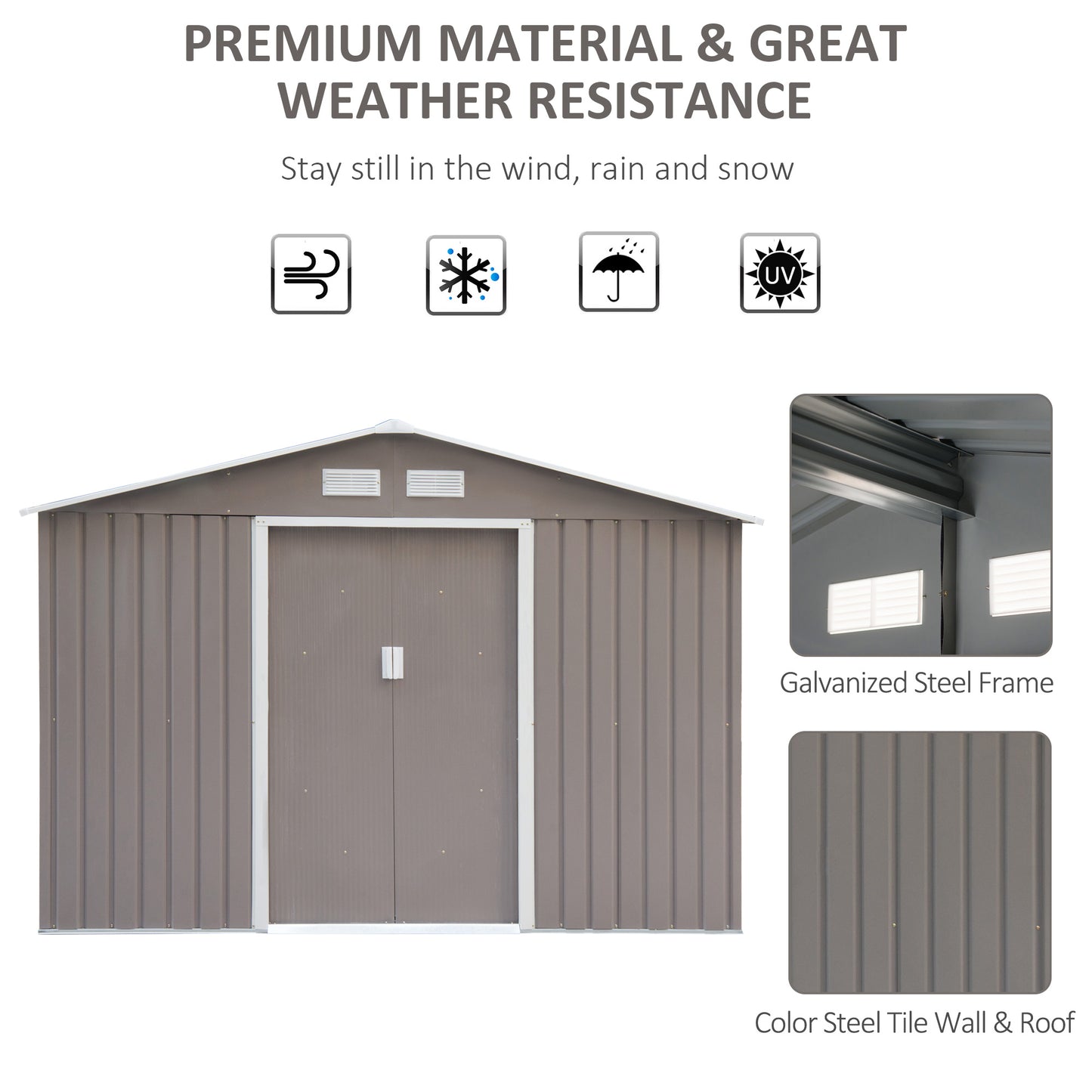 Outsunny 9 x 6 ft Metal Garden Storage Shed with Sloped Roof: Tool House with Foundation, Ventilation, and Double Door in Grey