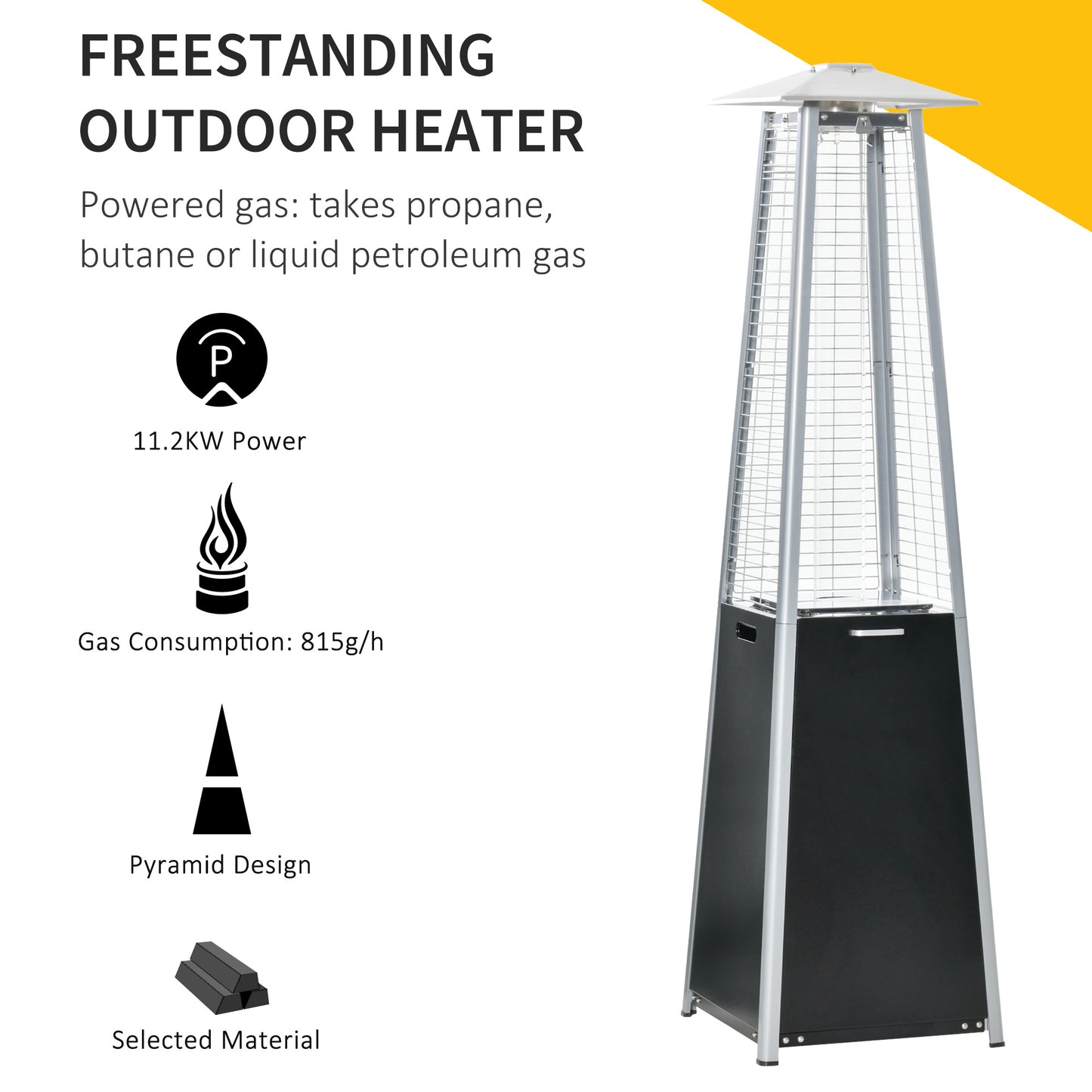 Outsunny 11.2KW Freestanding Pyramid Propane Heater: Wheels, Dust Cover, Black, 50 x 50 x 190cm