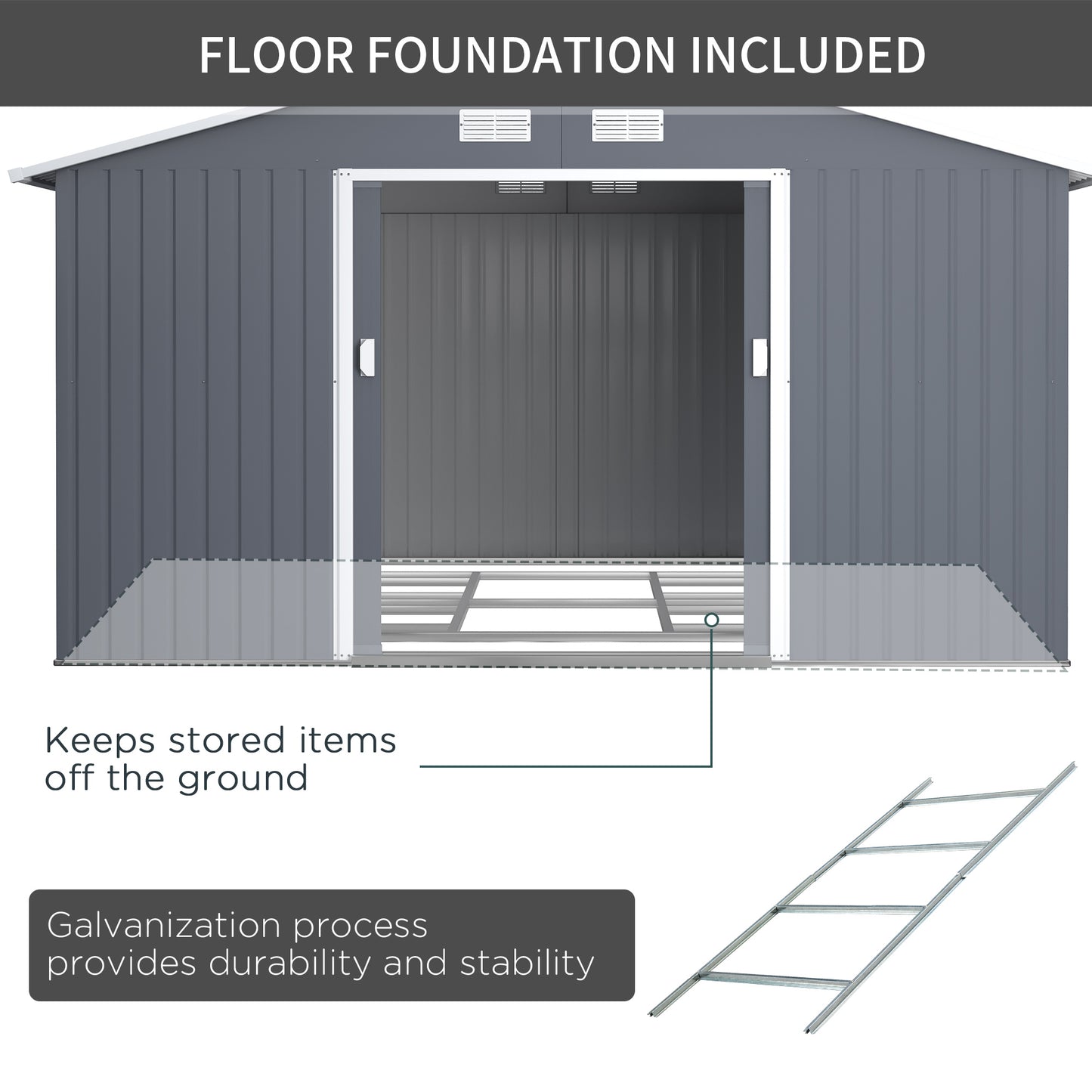 Outsunny 13 x 11ft Galvanised Steel Outdoor Garden Shed with Foundation and Ventilation in Grey