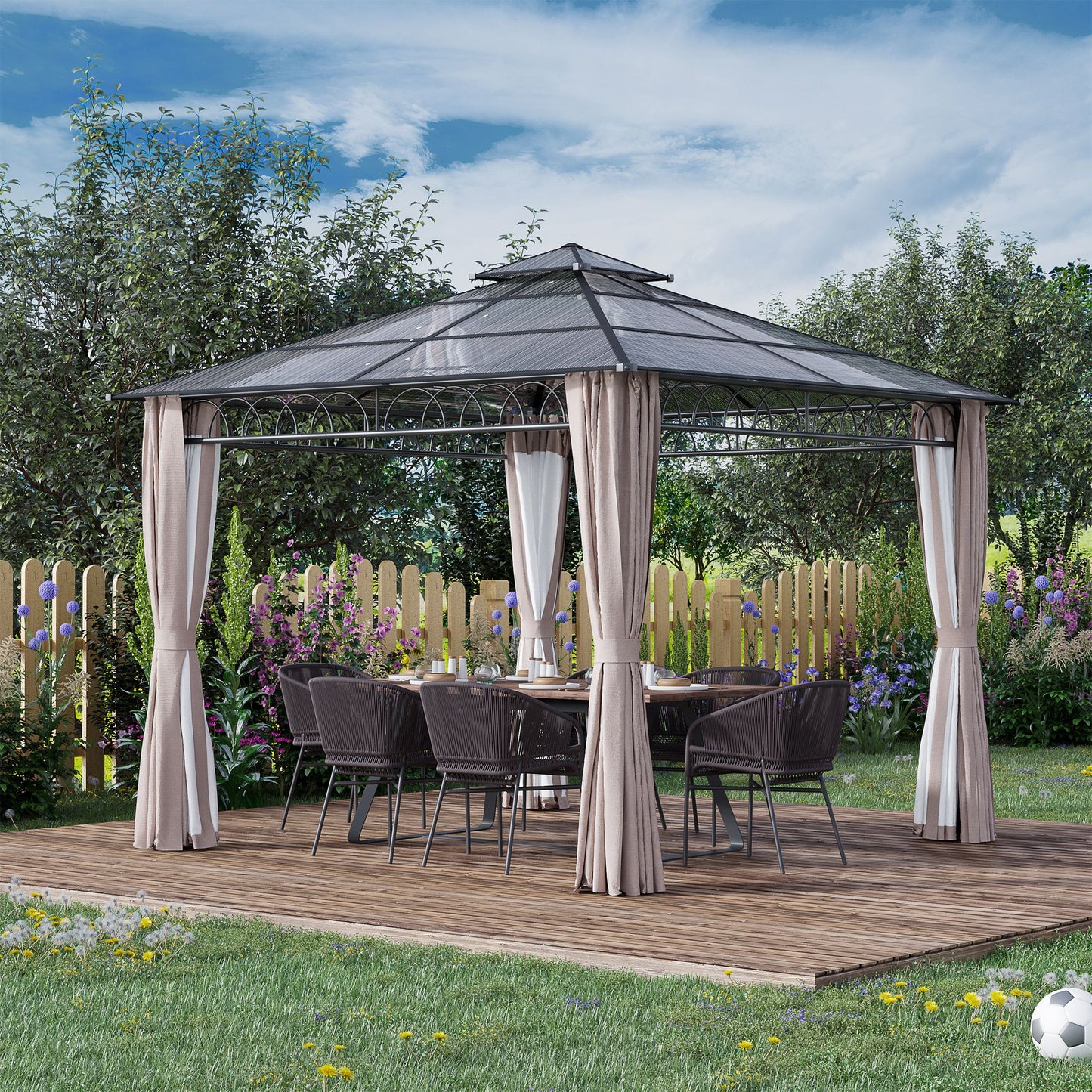 Outsunny 3 x 3m Outdoor Polycarbonate Gazebo With Double Roof Hard Top and Galvanised Steel Frame: With Nettings & Curtains in Black/Grey