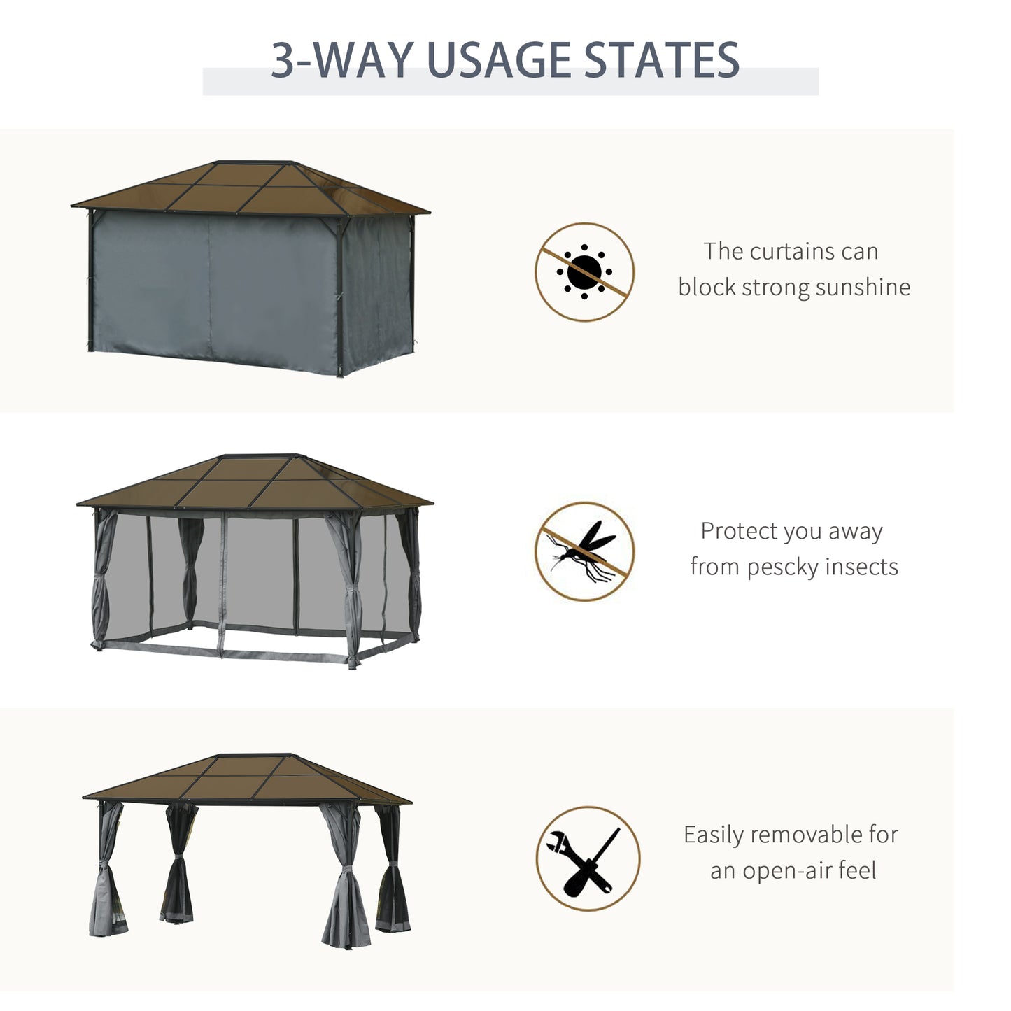 Outsunny 4 x 3m Garden Aluminium Gazebo with Hardtop Roof, Mesh Curtains & Side Walls in Grey