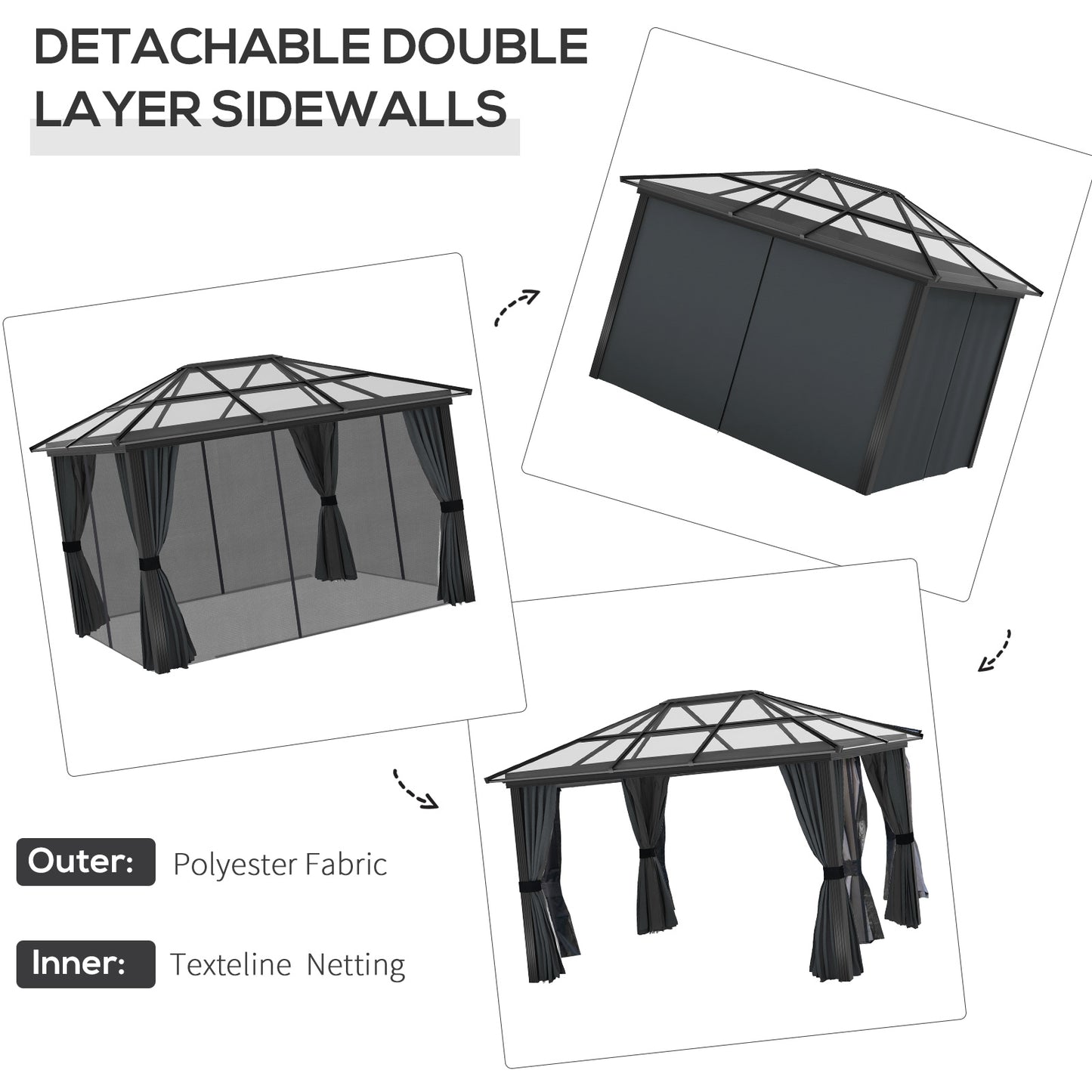 Outsunny 3 x 3.6m Hardtop Gazebo with UV Resistant Polycarbonate Roof and Aluminium Frame: Complete With Netting and Curtains in Grey/Black