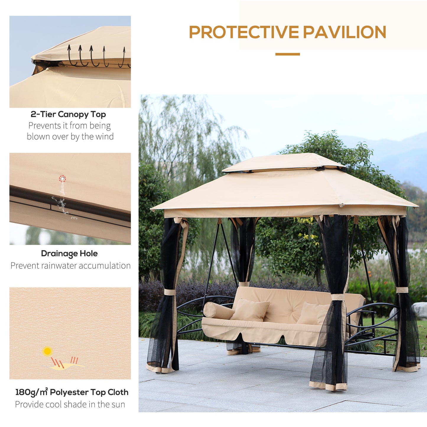 Outsunny 3 Seater Swing Chair: 3in1 Convertible Hammock Bed Gazebo: With Double Tier Canopy, Cushioned Seat, Mesh Sidewalls in Beige