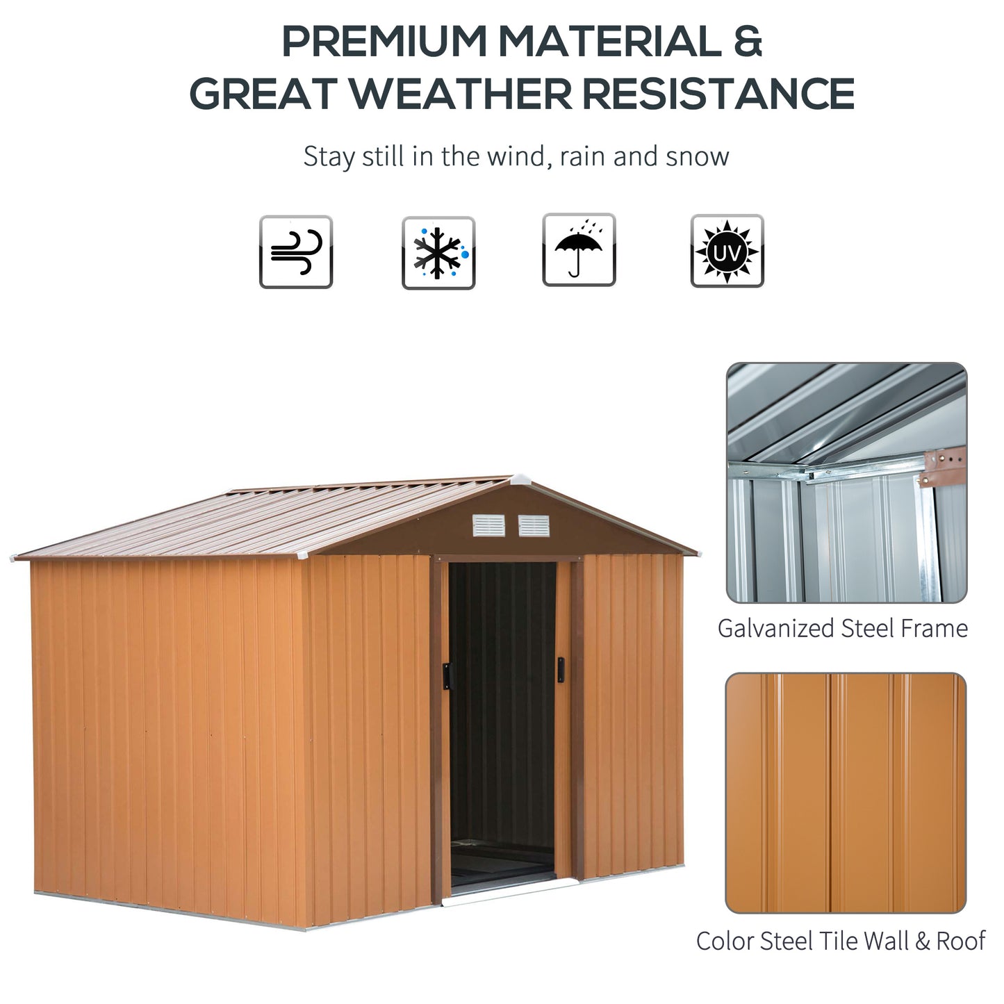 Outsunny 9 x 6FT Garden Metal Storage Shed with Foundation, Ventilation, and Double Doors in Tan