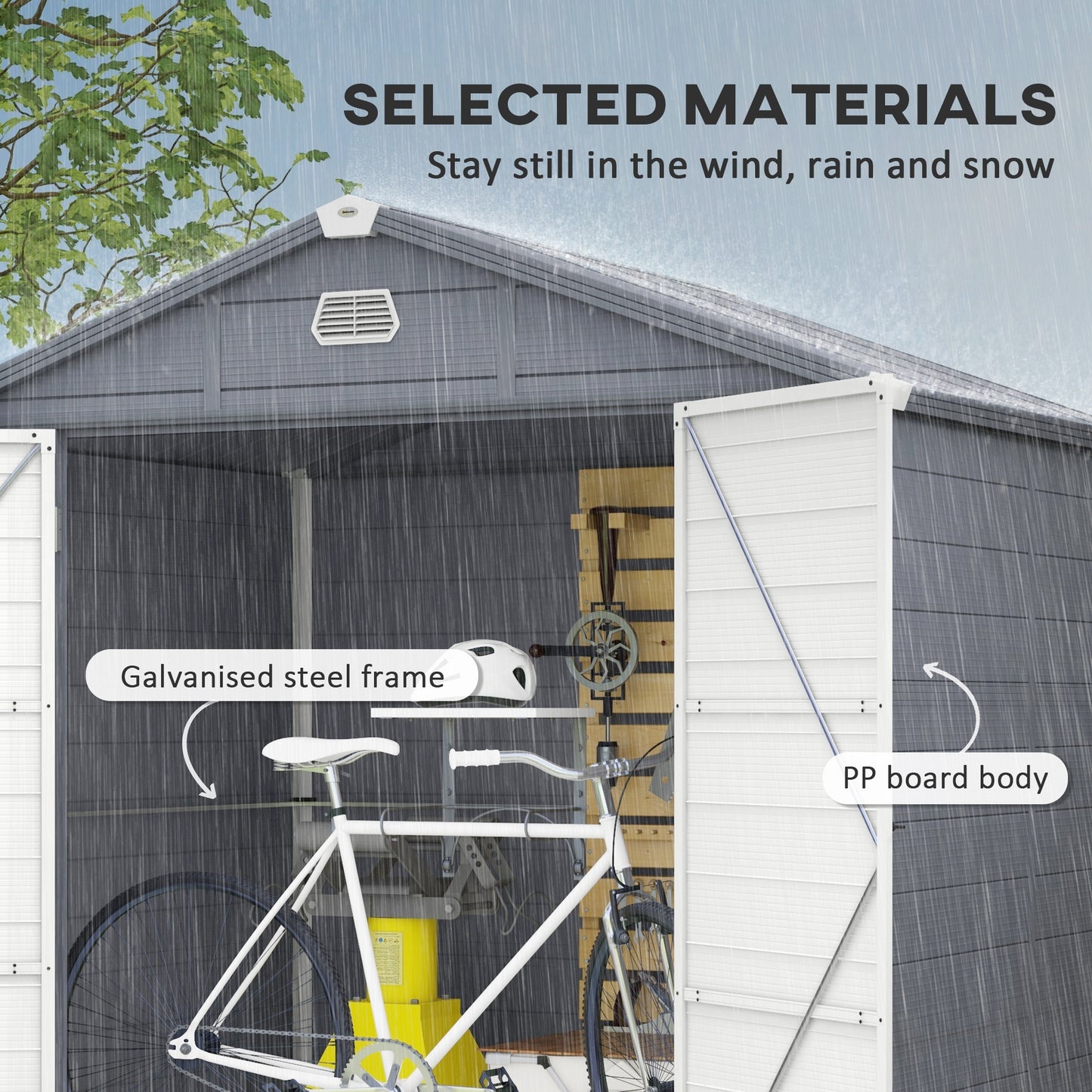 Outsunny 8 x 6ft Garden Shed with Foundation Kit: Polypropylene Outdoor Storage Tool House with Ventilation Slots and Lockable Door in Grey