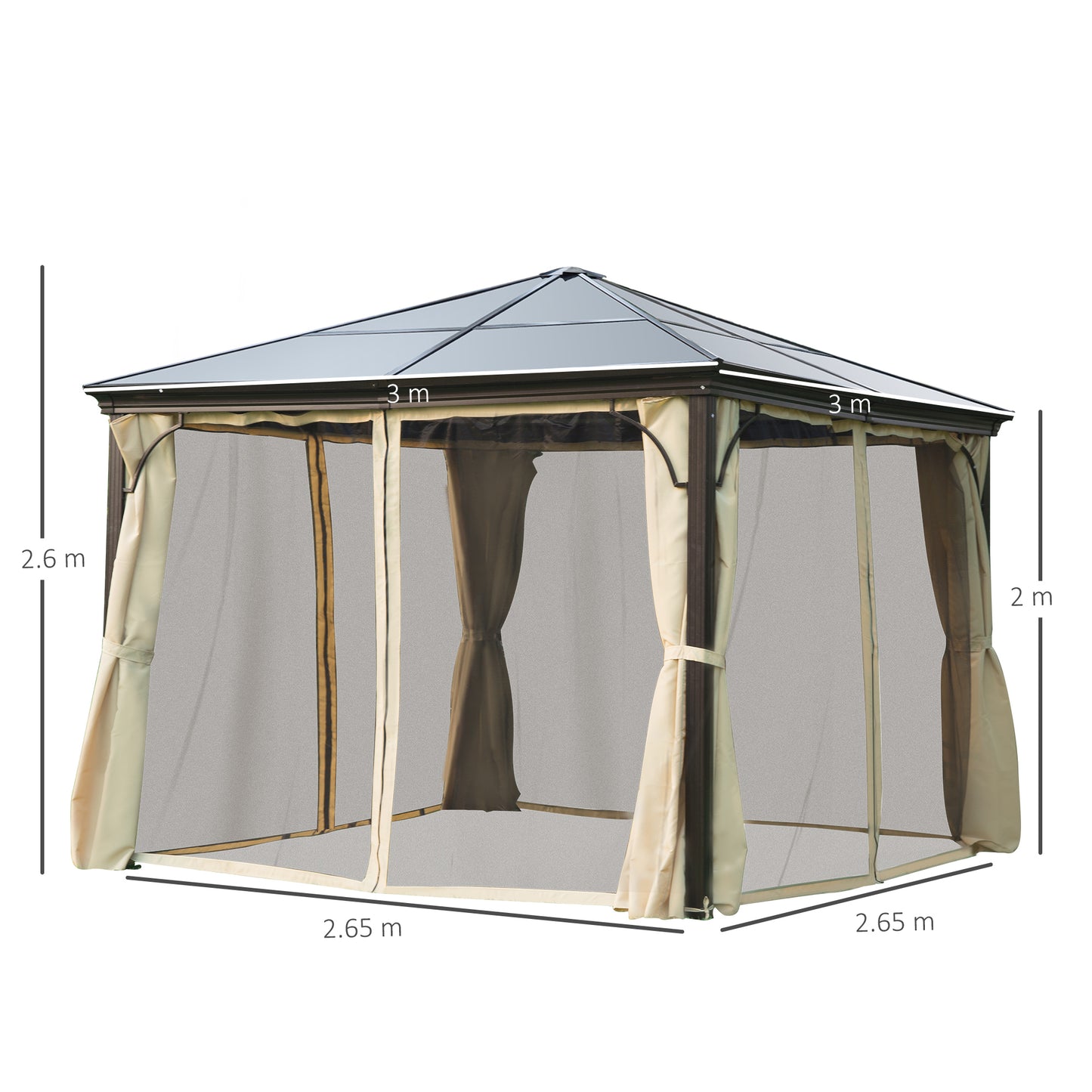 Outsunny 3x3m Hardtop Gazebo Canopy in Brown: Polycarbonate Roof, Aluminium Frame, with Mosquito Netting and Curtains