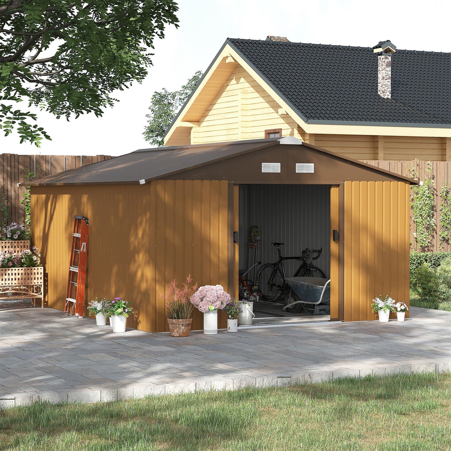 Outsunny 13 x 11 ft Metal Garden Shed: Large Patio Roofed Tool Storage, with Foundation Ventilation and Sliding Doors in Yellow