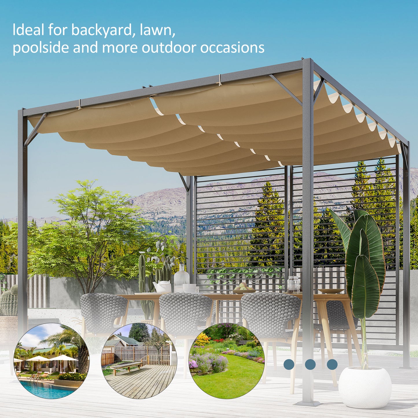 Outsunny 2.8m x 3m Retractable Metal Frame Outdoor Garden Pergola in Beige