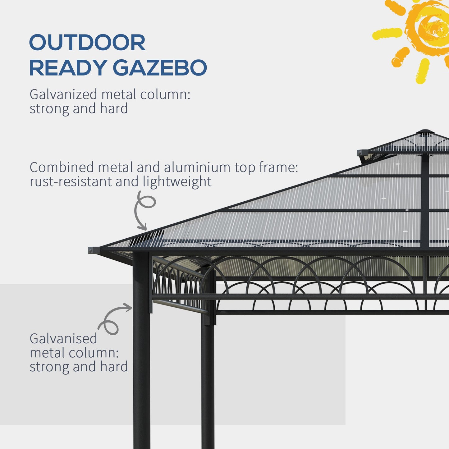 Outsunny 3 x 3m Outdoor Polycarbonate Gazebo With Double Roof Hard Top and Galvanised Steel Frame: With Nettings & Curtains in Black/Grey