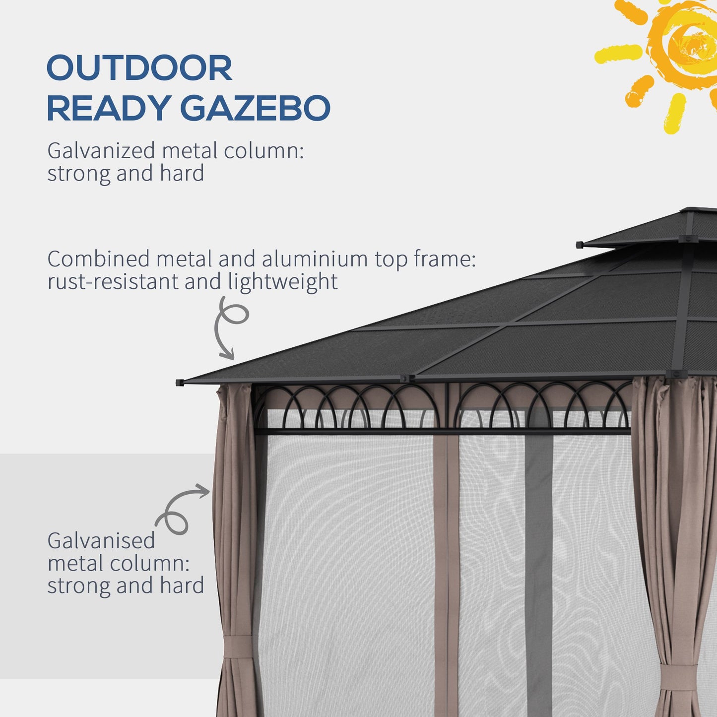 Outsunny 3.6 x 3m Outdoor Polycarbonate Hard Top Gazebo: Double Roof Hard Top with Nettings & Curtains for Garden in Black/Grey