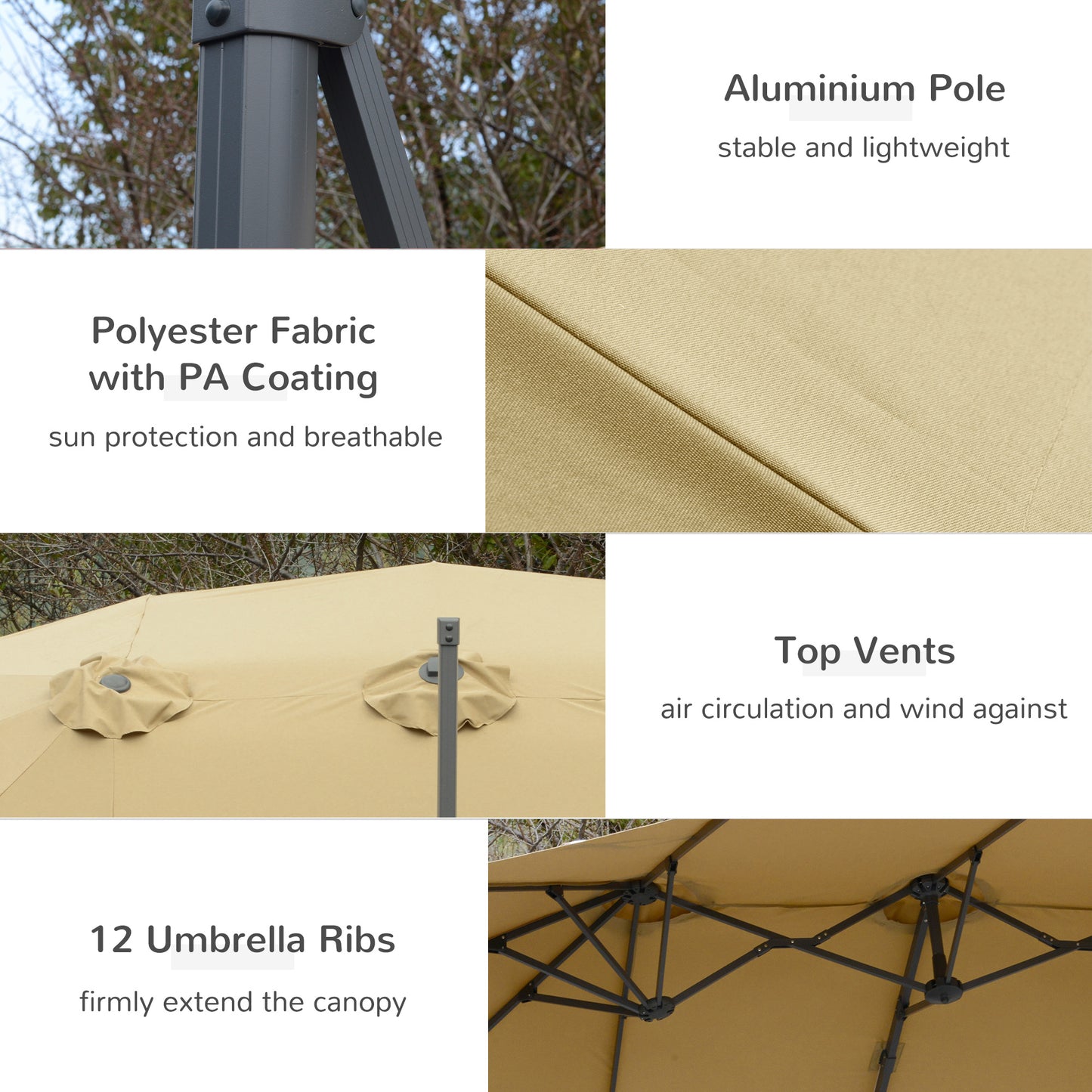 Outsunny 4.5m Double Sided Rectangular Patio Parasol: Large Garden Umbrella with Crank Handle, 360° Cross Base for Bench in Khaki/Grey