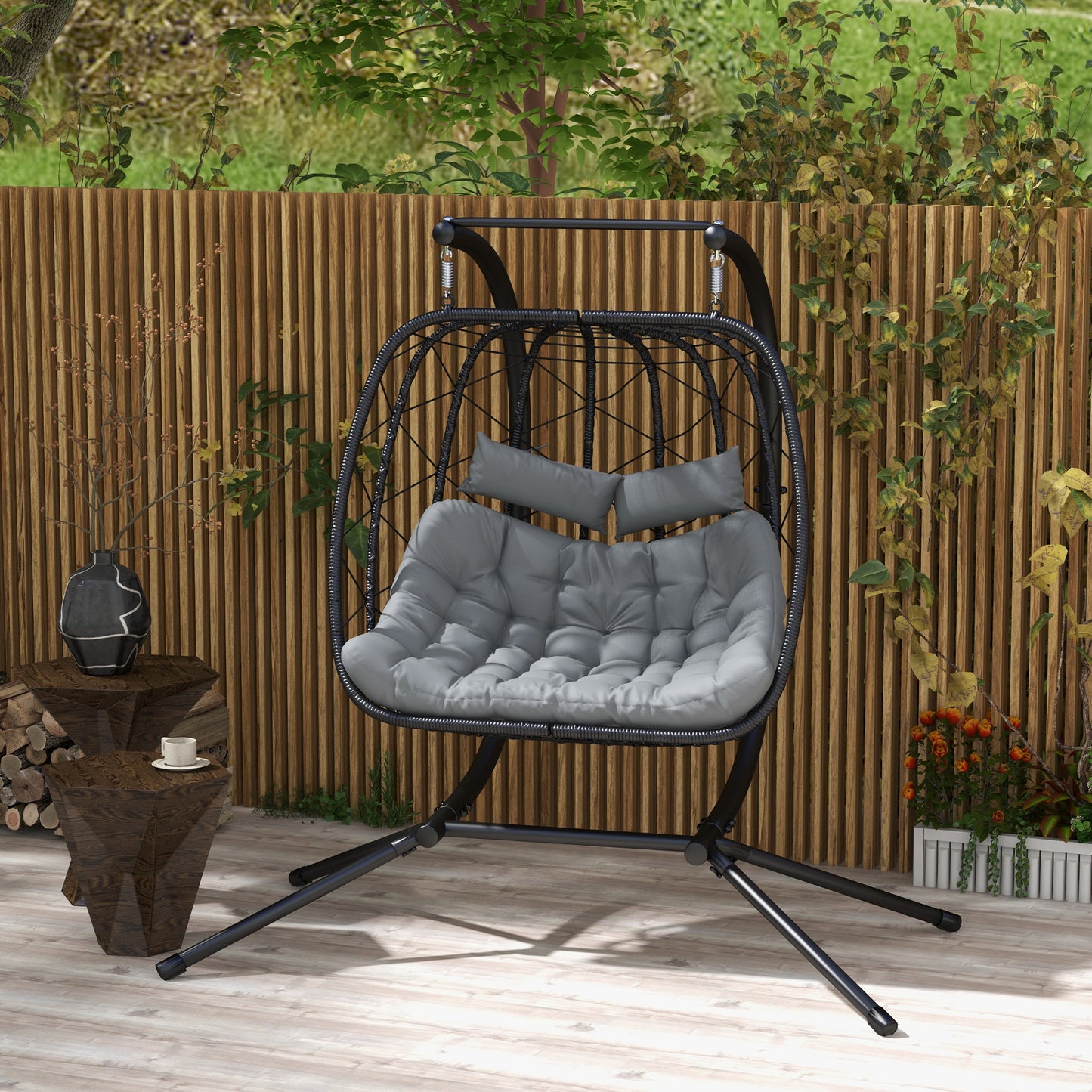 Outsunny Rattan Double Seater Swing Chair: Egg Hanging Chair with Thick Padded Cushion & Headrest in Black