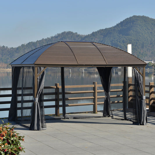 Outsunny 4 x 3m Hardtop Roof Aluminium Gazebo with Mesh Curtains & Side Walls in Dark Grey