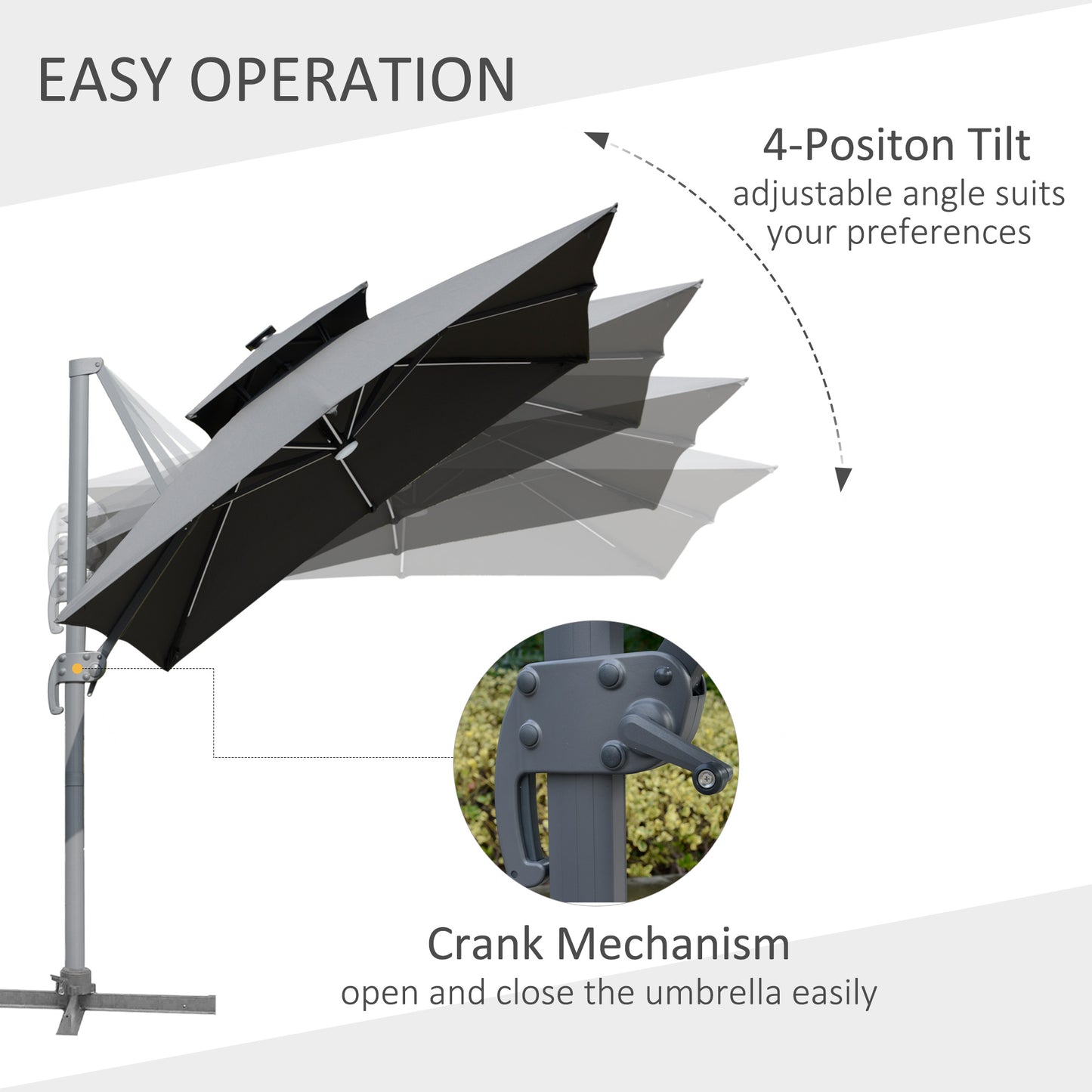 Outsunny 3m Cantilever Parasol with Solar LED Lighting: Tilt and Crank Handle and Cross Base in Grey