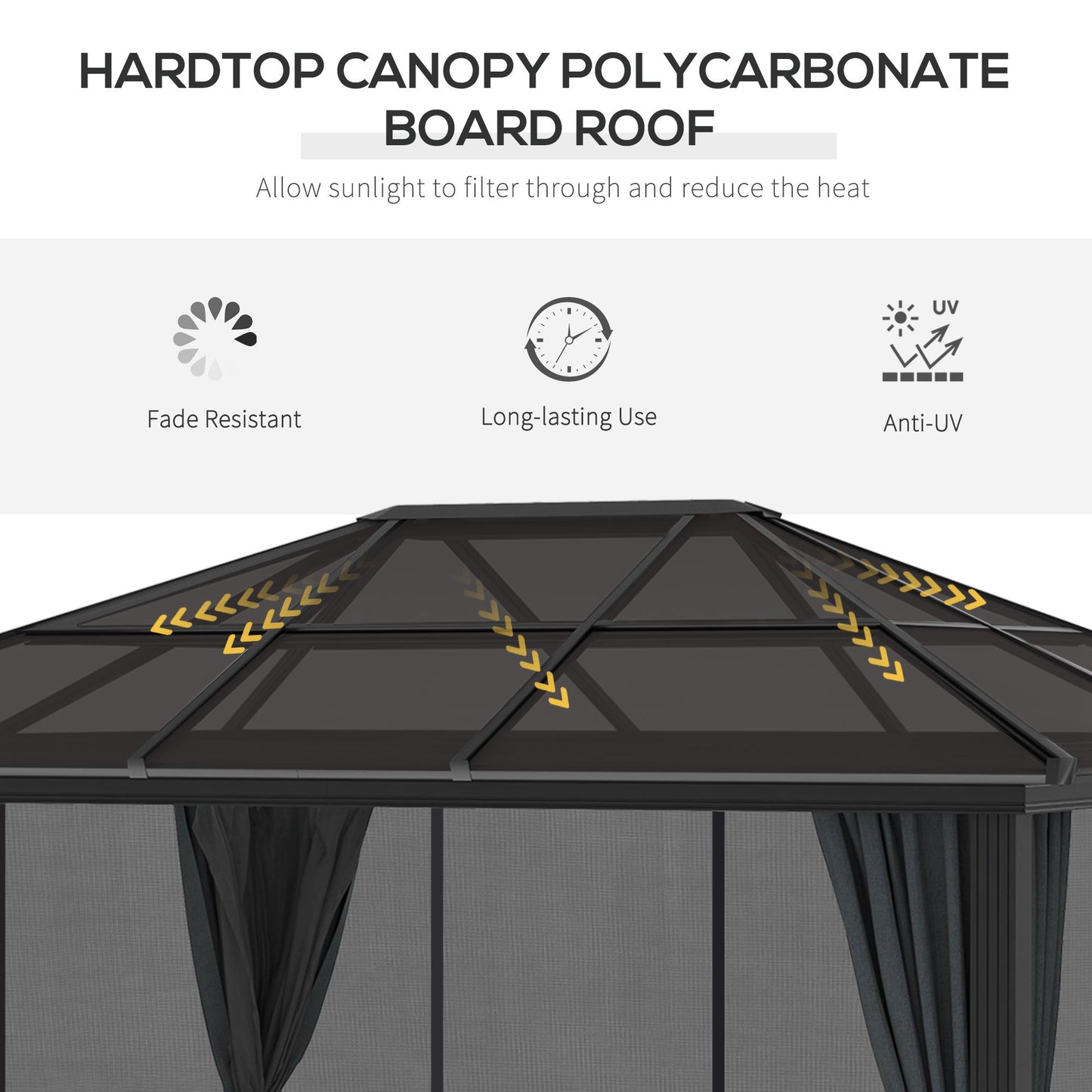 Outsunny 3 x 4m Hard Polycarbonate Roof and Aluminium Frame Gazebo with Netting and Curtains in Black/Grey