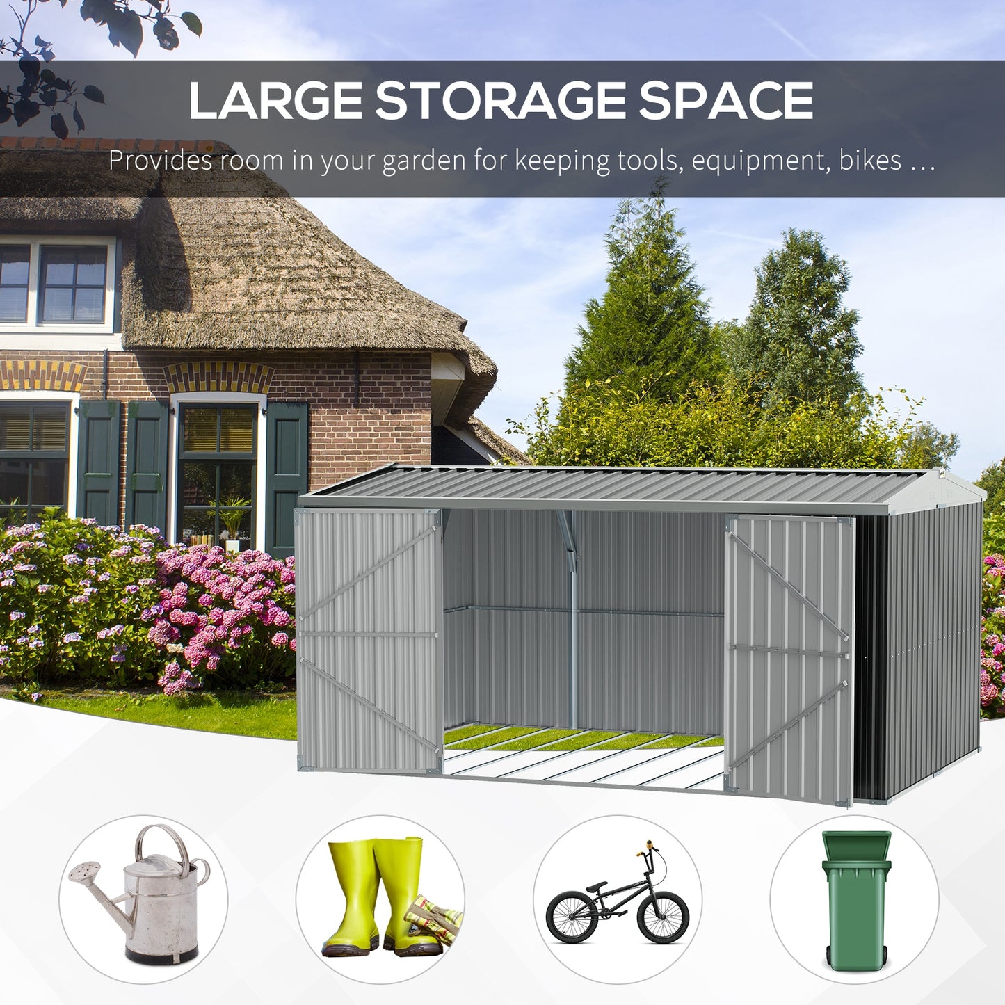 Outsunny 14x9 ft Lockable Garden Shed in Grey: Large Patio Roofed Tool Metal Storage Building