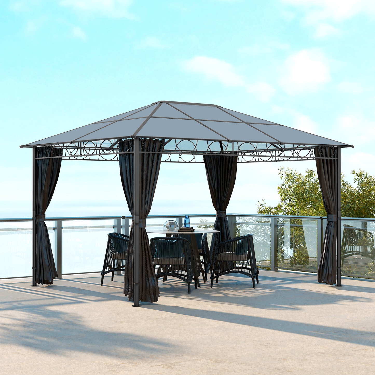 Outsunny 3 x 4m Hardtop Steel & Aluminium Gazebo with UV Resistant Polycarbonate Roof & Curtains in Grey