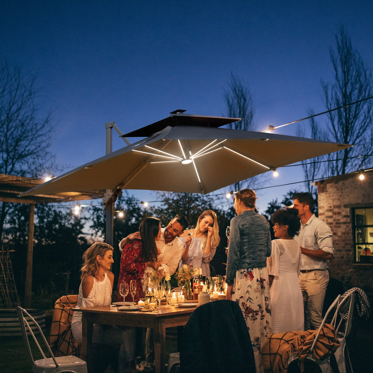 Outsunny 3m Cantilever Parasol with Solar LED Lighting: Tilt and Crank Handle and Cross Base in Grey