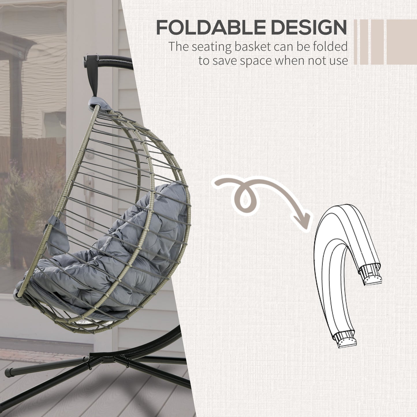 Outsunny Rattan Foldable Swing Chair: Outdoor Hanging Chair with Stand with Padded Cushion & Cup Holder in Grey