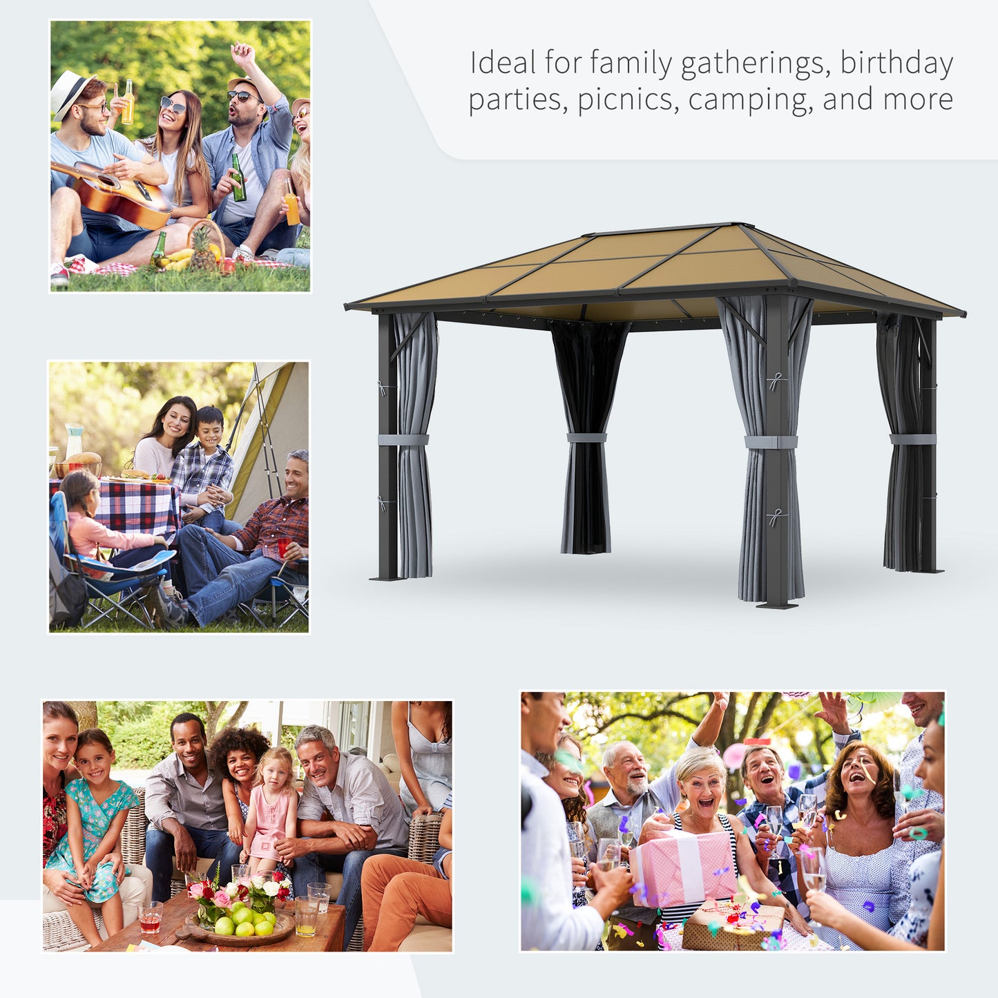 Outsunny 3 x 3.6m Garden Aluminium Gazebo With Hardtop Roof, Mesh Curtains & Side Walls in Grey