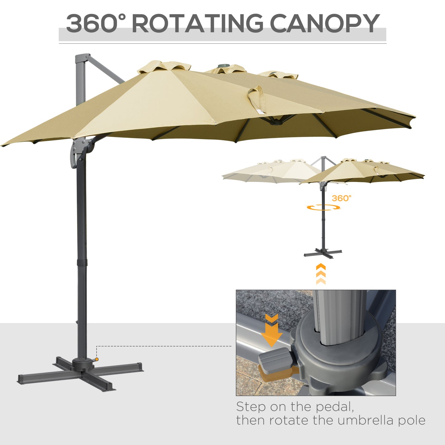 Outsunny 4.5m Double Sided Rectangular Patio Parasol: Large Garden Umbrella with Crank Handle, 360° Cross Base for Bench in Khaki/Grey