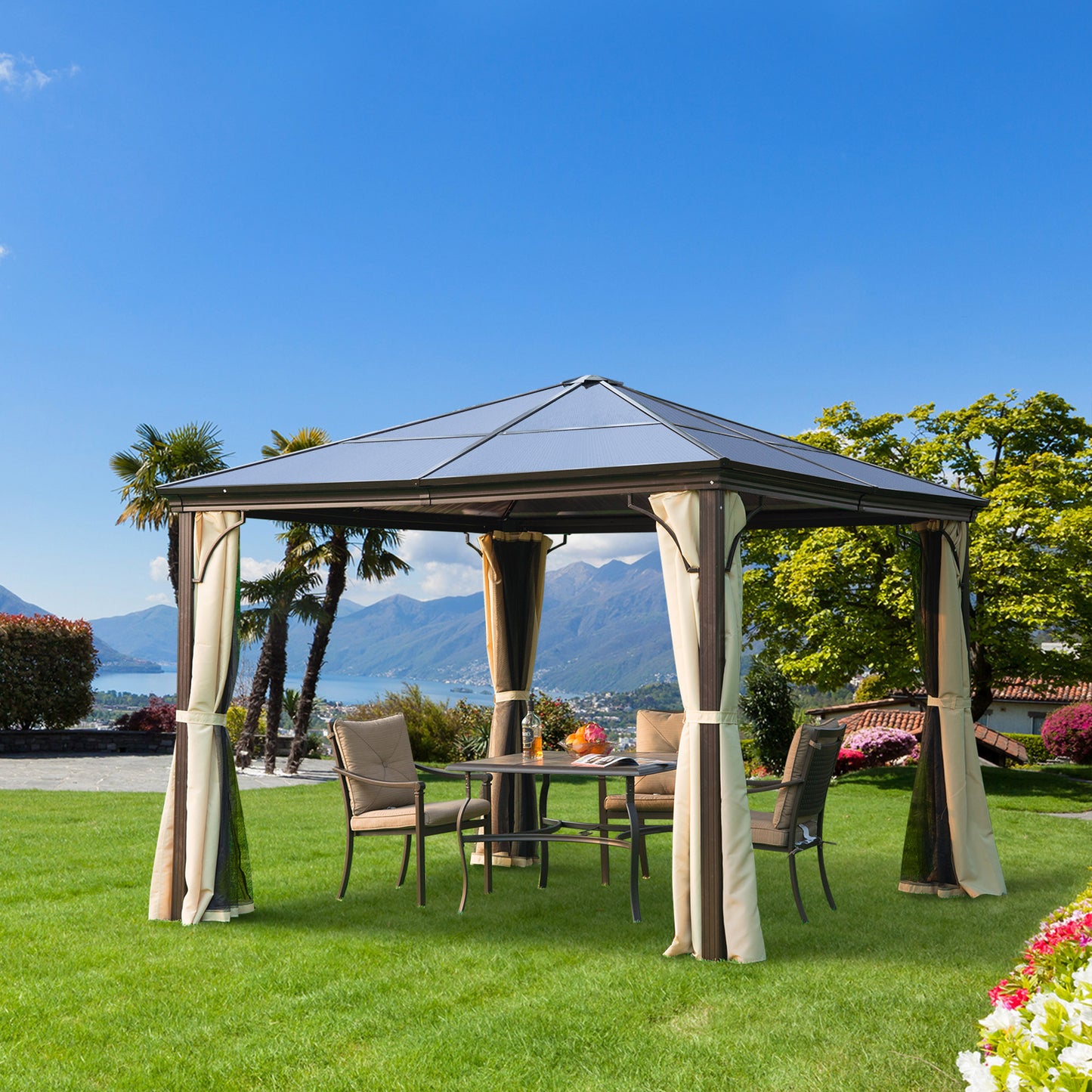 Outsunny 3x3m Hardtop Gazebo Canopy in Brown: Polycarbonate Roof, Aluminium Frame, with Mosquito Netting and Curtains